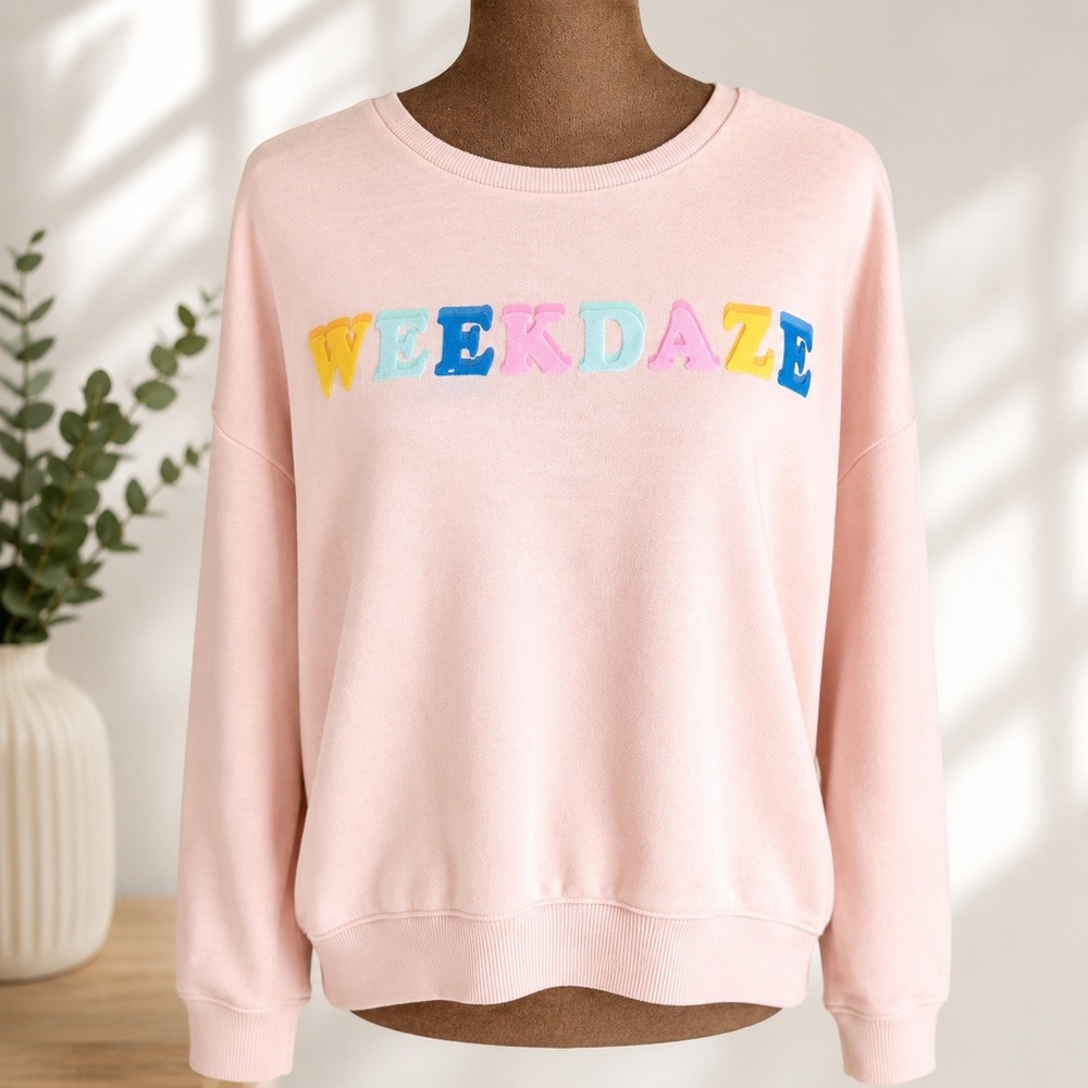 Kensie WEEKDAZE Cozycore Pink Graphic Sweatshirt Soft Girl Lounge XL Pullover